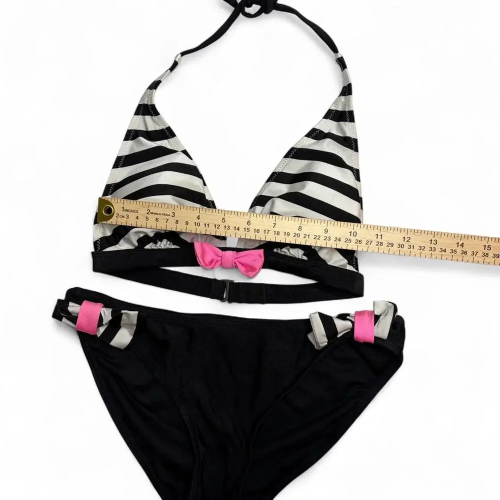 Y2K black and white striped bikini set with pink bow detail size M brand is Heat